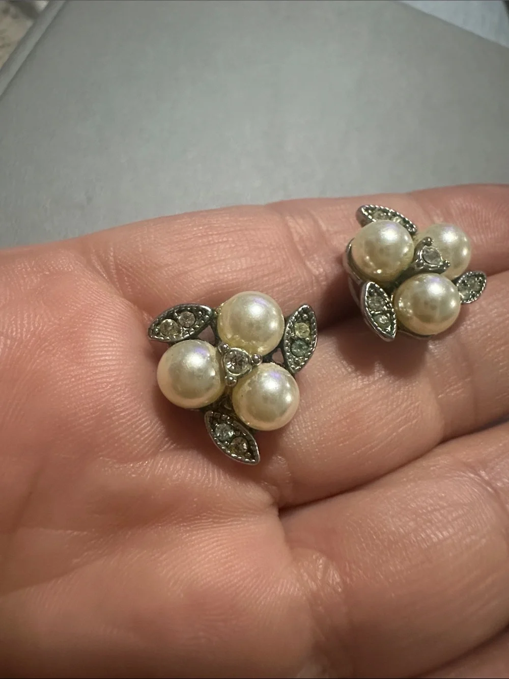 J. Crew Pearl Cluster Earrings with Silver-Tone Leaf Accents